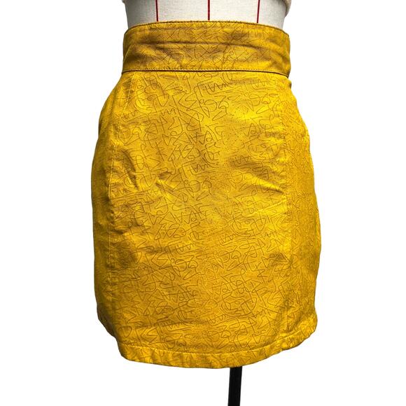 Vintage Wilsons Leather Womens Size 12 Yellow Scribble Laser Print Skirt - Picture 1 of 5